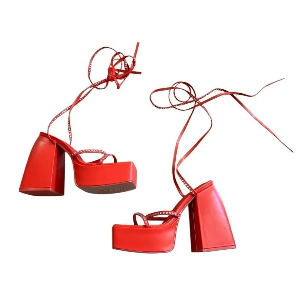 Dolls Kill Public Desire Women's Red Lace Up Rhinestone Platform Heels Size 7